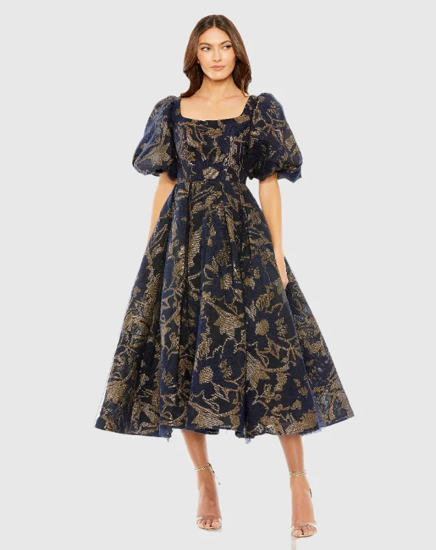 Puff Sleeve Brocade Midi Dress with Pockets Comfortable Lace-Up Midi Dress