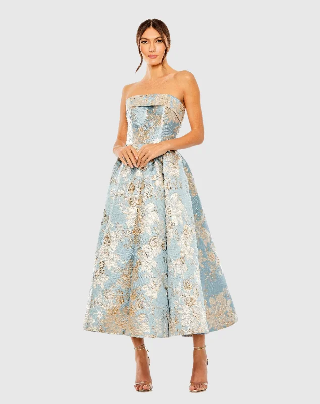 Strapless Brocade Midi Dress with Pockets Cozy Midi Dress with Pockets