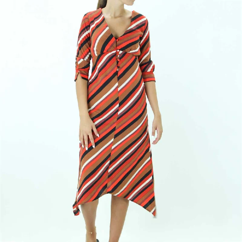 Women's Striped Colorblock Midi Dress,Multi Fashionable High-Low Midi Dress