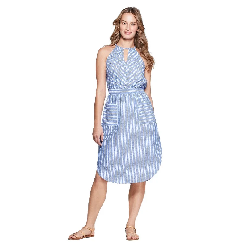 Women's Striped Sleeveless High Neck Midi Dress,Blue Trendy Smocked Detail Midi Dress