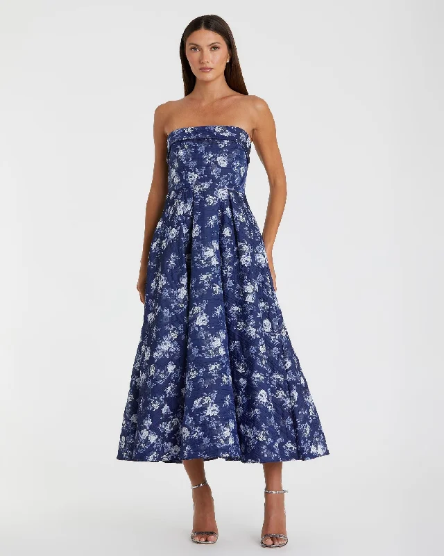 Strapless Brocade Midi Dress Chic Floral Print Midi Dress