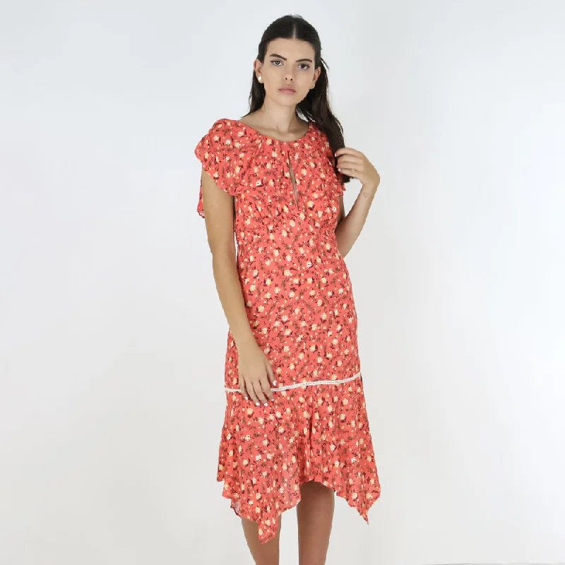 Women's Ruffled Floral Casual Midi Dress,Coral Stylish Off-Shoulder Ruffle Dress