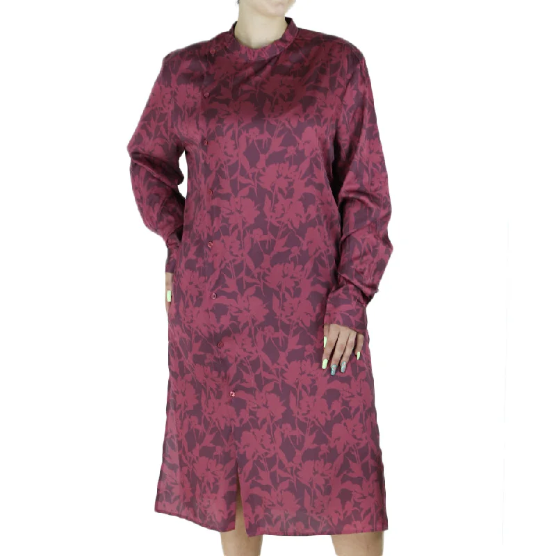 Women's Printed Midi Dress,Burgundy Elegant Satin Button Midi Dress