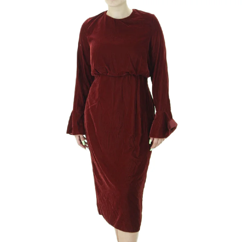 Women's Plain Velvet Midi Dress,Burgundy Stylish Button-Down Midi Dress