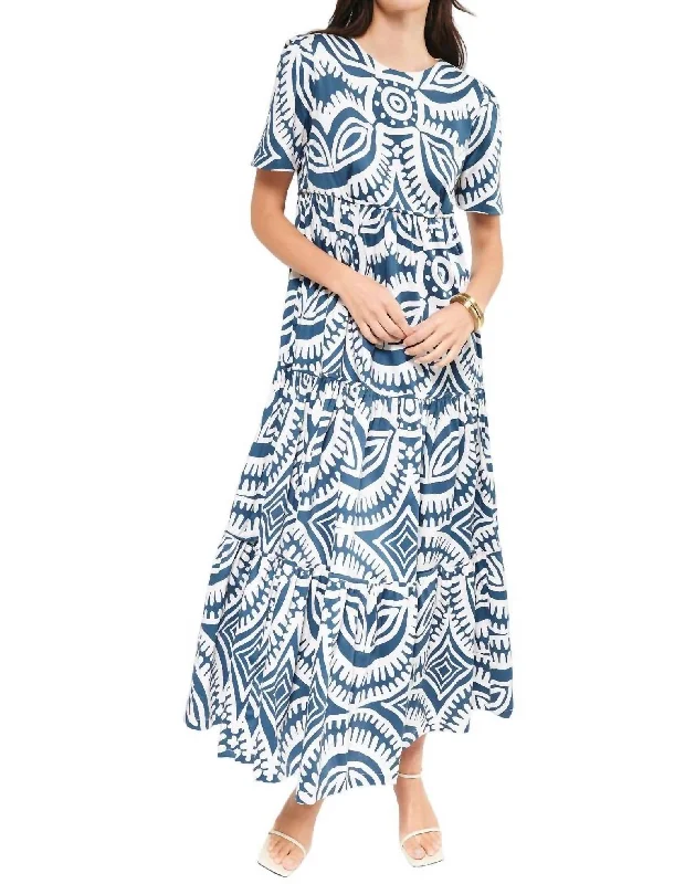 Alfarero Midi Dress In Blue Tribal Motif Cozy Knit Midi Dress