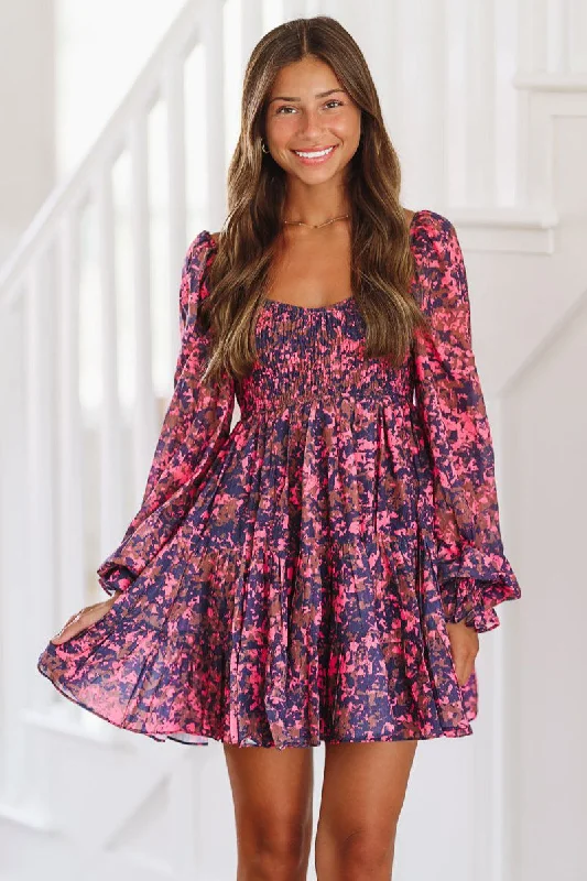 All Right With Me Mini Dress - Navy, Brown and Fuchsia Casual Mini Dress with Pockets