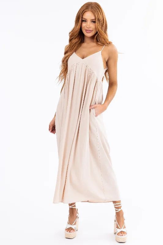 Almond Woven Strapless Flowy Midi Dress Elegant Satin Slip Midi Dress