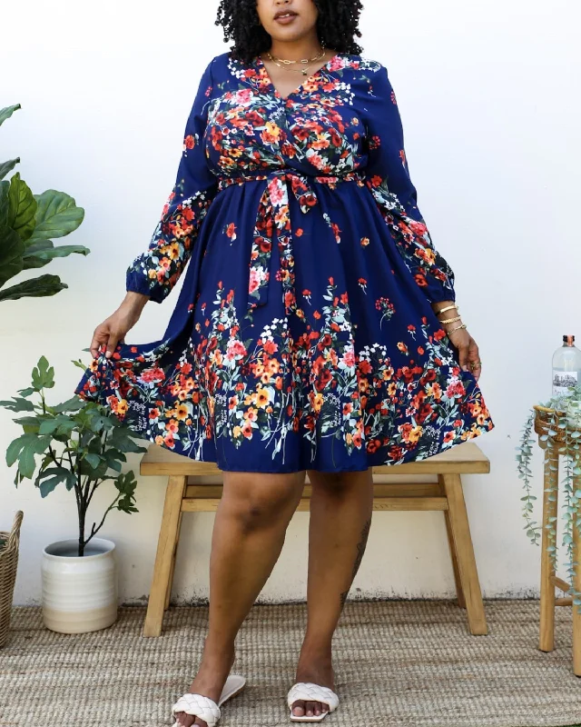 Anna Kaci Plus Size Floral Mix Print Tied Belt Waist Navy Midi Dress - Jn4736 Cozy Wide Strap Midi Dress