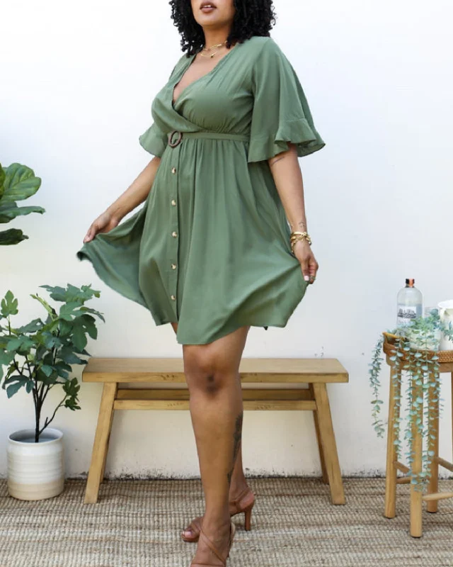 Anna Kaci Plus Size O-Ring Tied Belt Waist Butterfly Flare Sleeve Midi Dress - Jn4723 Trendy Smocked Waist Midi Dress