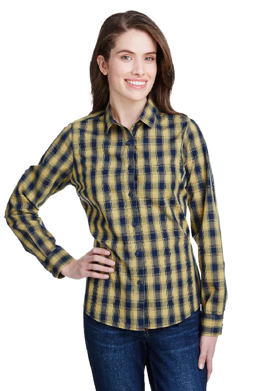 Artisan Collection Womens Mulligan Check Long Sleeve Button Down Shirt - Camel Brown/Navy Blue Cozy Printed Short Shirt