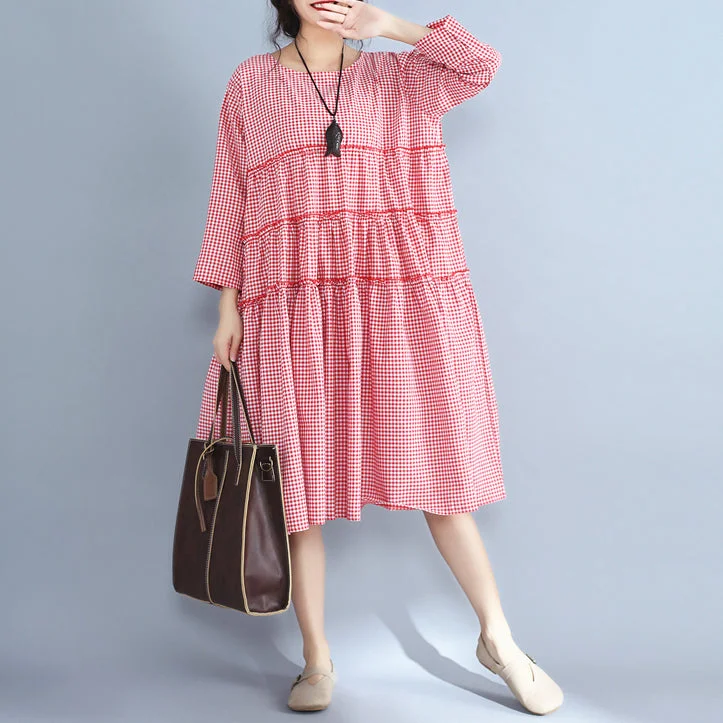 baggy red plaid pure linen dresses plus size casual patchwork o neck midi dress Trendy Knit Midi Dress