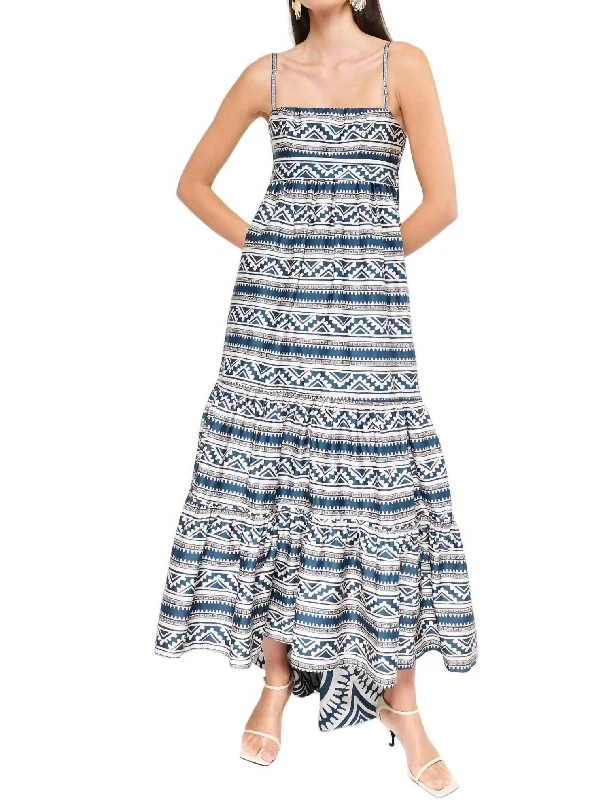 Balsa Midi Dress In Blue Tribal Border Stylish Vintage Midi Dress