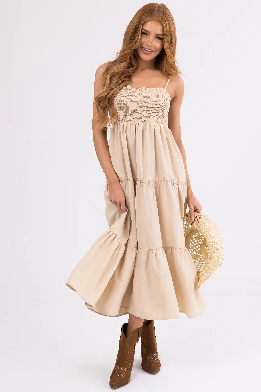 Beige Smocked Tiered Sleeveless Midi Dress Elegant V-Neck Midi Dress