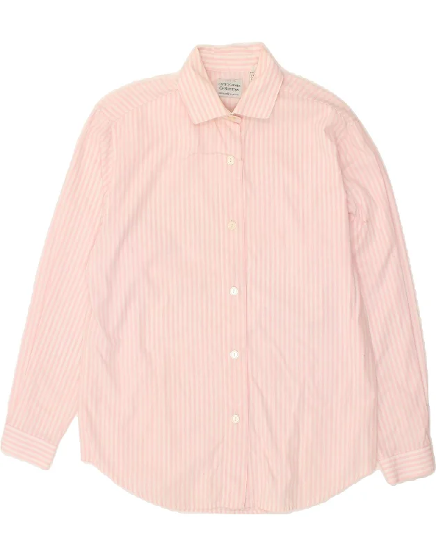 BENETTON Womens Shirt IT 42 Medium Pink Pinstripe Cotton Comfortable Fitted Short Sleeve