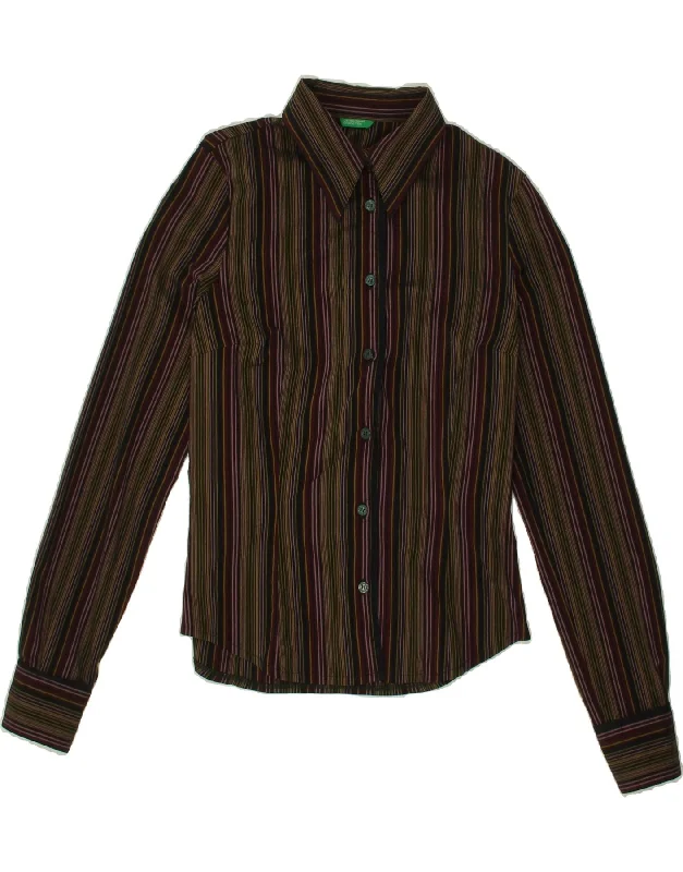 BENETTON Womens Shirt UK 10 Small Brown Striped Relaxed Fit Short Shirt