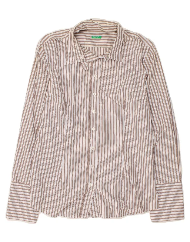 BENETTON Womens Shirt UK 16 Large Brown Striped Casual Slouchy Short Sleeve