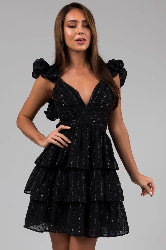 Black Sleeveless Open Back Ruffle Mini Dress Modern Satin Mini Dress