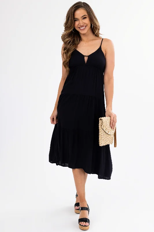 Black Sweetheart Neck Tiered Midi Dress Trendy Bodycon Midi Dress