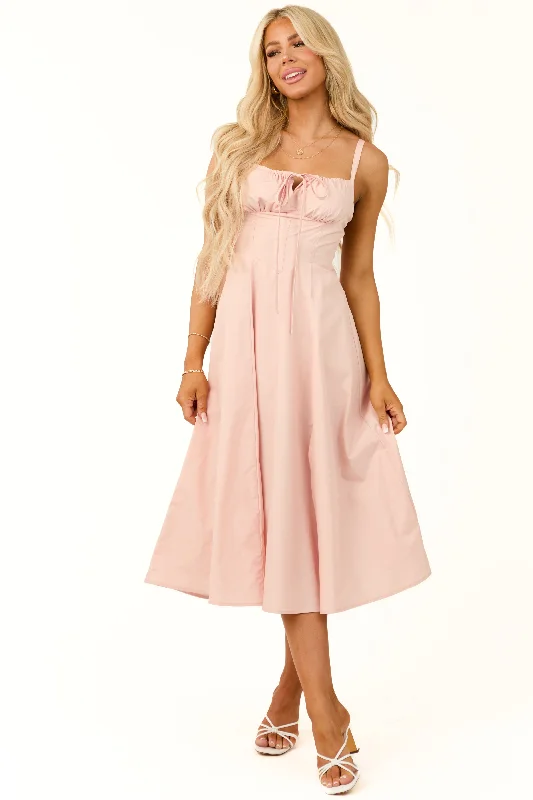 Blush Sleeveless Front Tie Smocked Midi Dress Comfortable Sleeveless Midi Dress