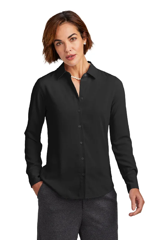 Brooks Brothers Womens Satin Anti Static Long Sleeve Button Down Shirt - Deep Black Casual Plain Short Shirt