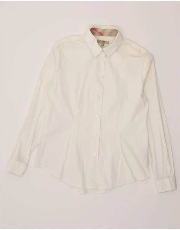 BURBERRY Womens Shirt UK 12 Medium Off White Cotton Fashionable Cuffed Short Sleeve