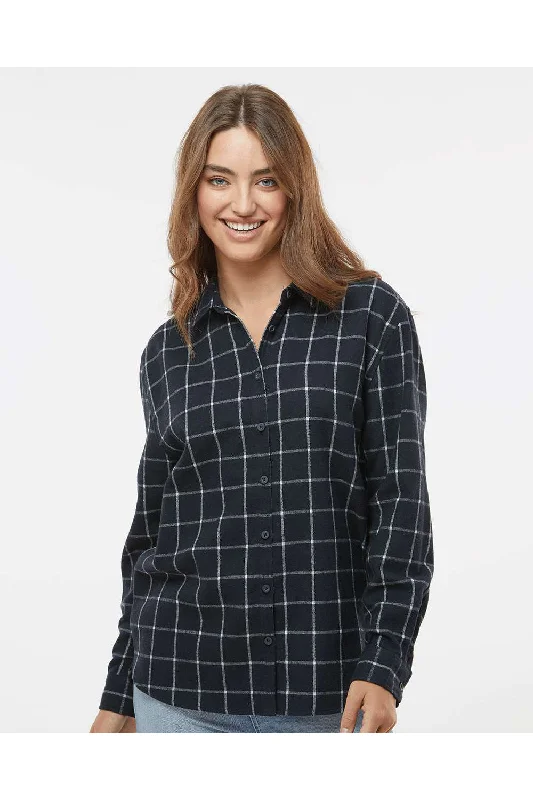 Burnside Womens Boyfriend Flannel Long Sleeve Button Down Shirt - Navy Blue/White Fashionable Tied Short Sleeve