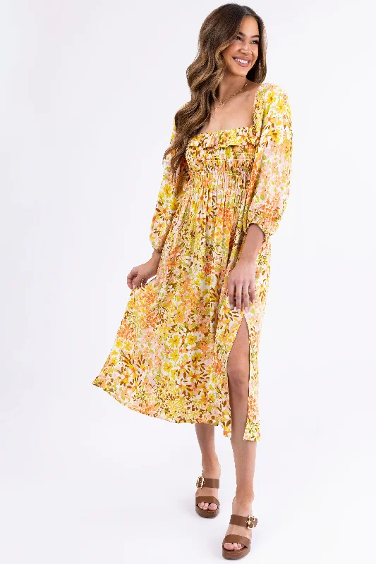 Buttercream Floral Print Smocked Midi Dress Comfortable Button Front Midi Dress