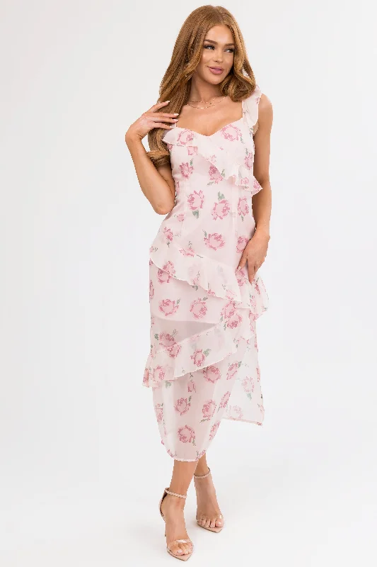 Cherry Blossom Floral Print Ruffle Midi Dress Stylish Button-Up Midi Dress