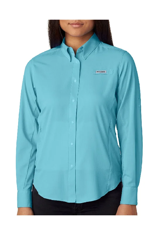 Columbia Womens Tamiami II Moisture Wicking Long Sleeve Button Down Shirt w/ Double Pockets - Clear Blue Cozy Plain Short Sleeve