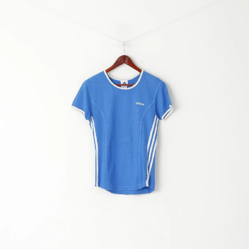 Adidas Women 10 38 S Shirt Blue Vintage Cotton Crew Neck Sport Top Stylish Striped Short Sleeve