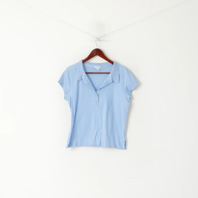 Calvin Klein Women L Polo Shirt Blue Cotton Cropped Short Sleeve Top Fashionable Rounded Short Shirt