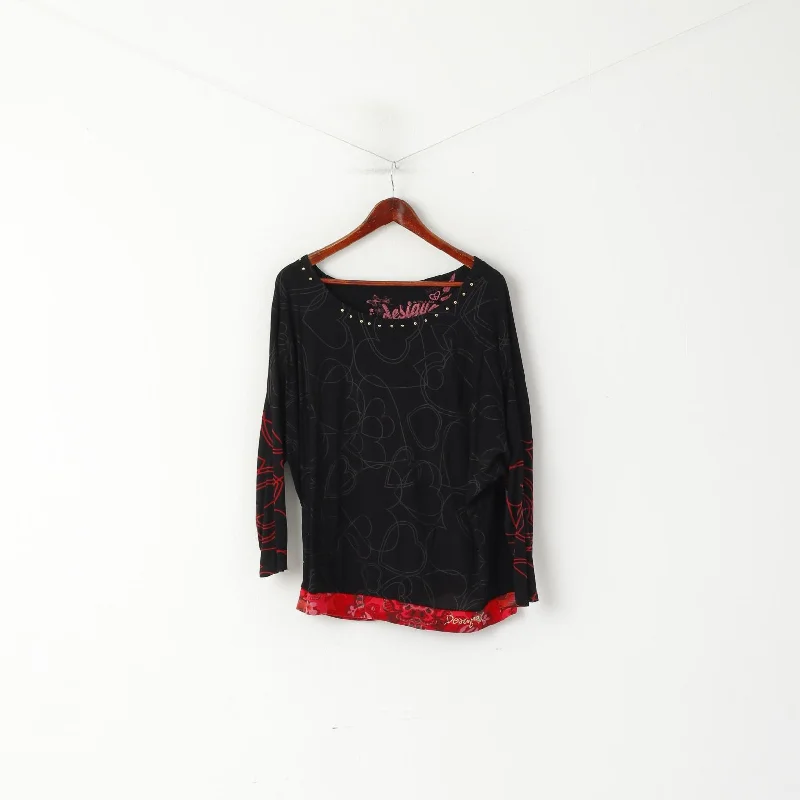 Desigual Women L Shirt Black Soft Oversize Hearts Love Print 2/3 Sleeve Top Fashionable Rounded Short Shirt