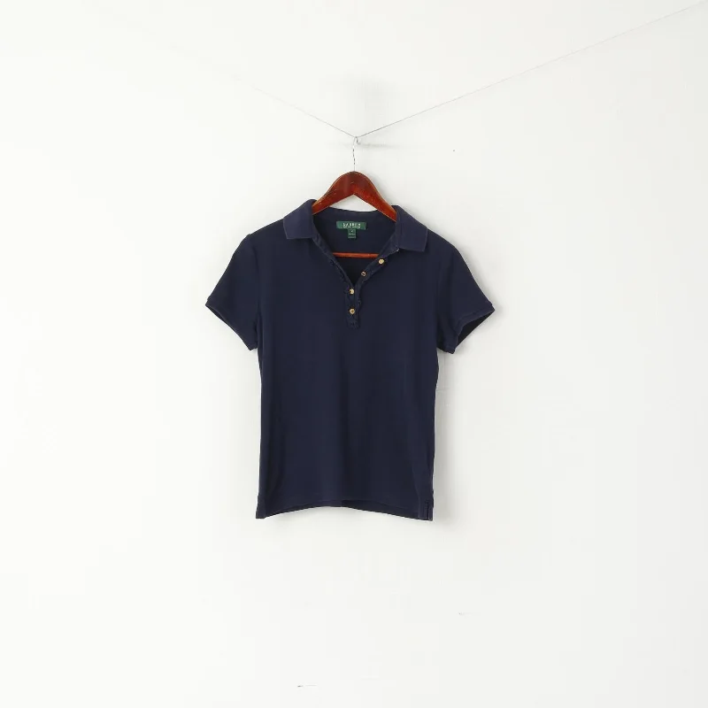 Lauren Ralph Lauren Women M Polo Shirt Navy Cotton Stretch Short Sleeve Plain Top Chic Silk Short Sleeve Shirt