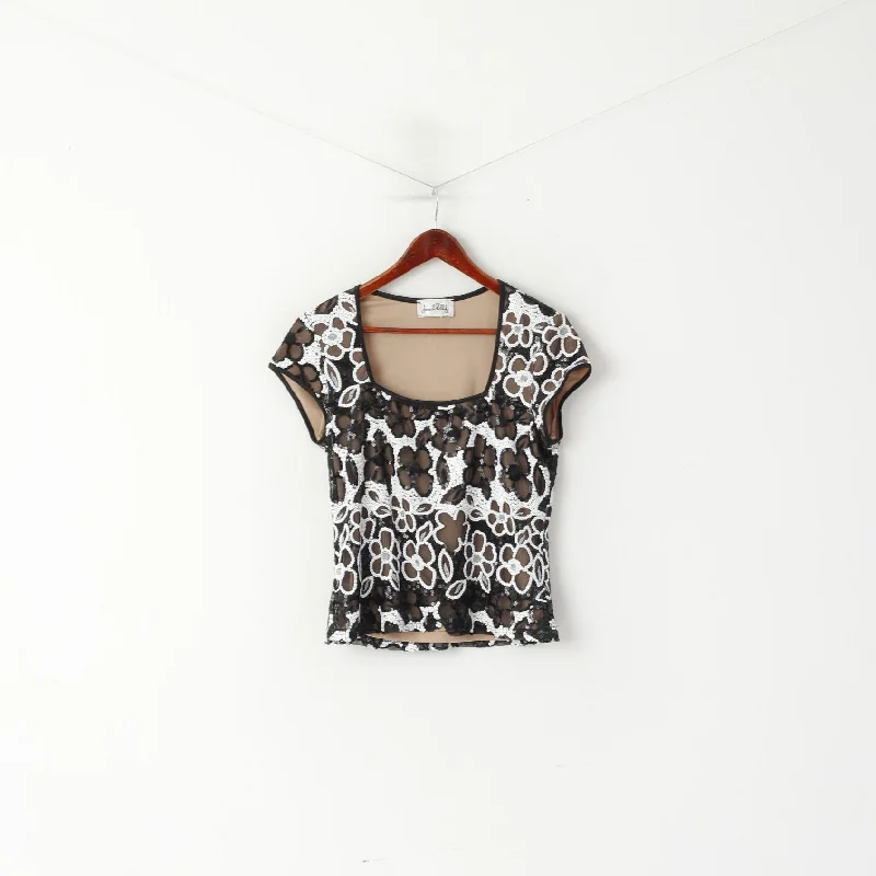 Joseph Ribkoff Women L 14 Shirt Black Floarl Sequins Elegant Ornate Cropped Top Trendy Floral Short Sleeve