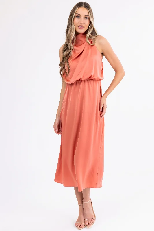 Coral Satin Halter Sleeveless Midi Dress Trendy Off-Shoulder Ruffle Midi Dress