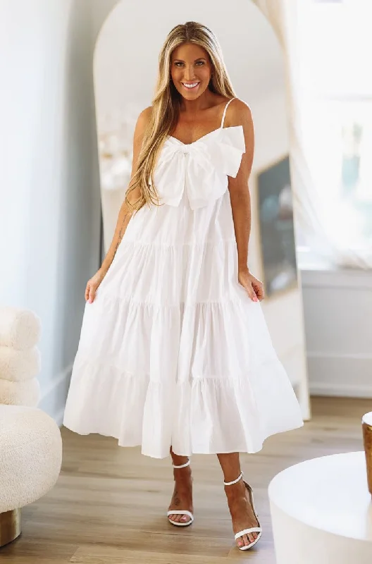 Cutie Bow Midi Dress - White Stylish Halter Neck Midi Dress