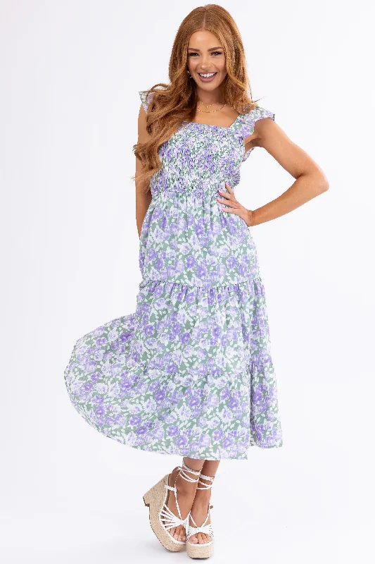 Dark Sage Floral Pattern Smocked Midi Dress Fashionable Wide Leg Midi Dress