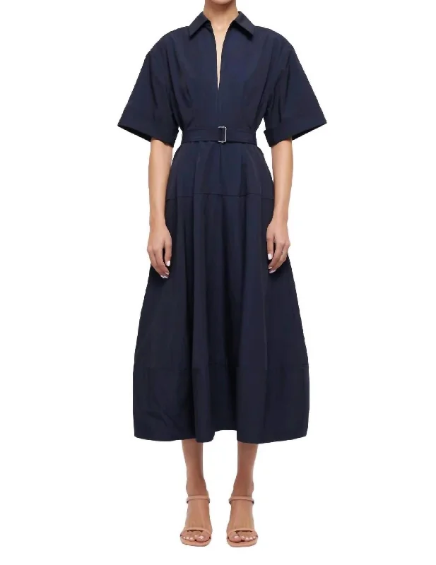 Deanna Belted Midi Dress In Midnight Trendy Off-Shoulder Ruffle Midi Dress