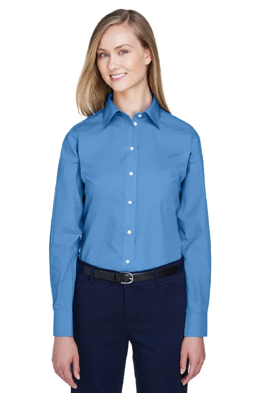 Devon & Jones Womens Crown Woven Collection Wrinkle Resistant Long Sleeve Button Down Shirt - French Blue Casual Button-Down Short Shirt