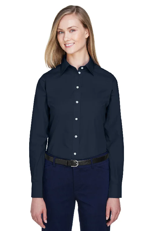 Devon & Jones Womens Crown Woven Collection Wrinkle Resistant Long Sleeve Button Down Shirt - Navy Blue Soft Flowing Short Shirt