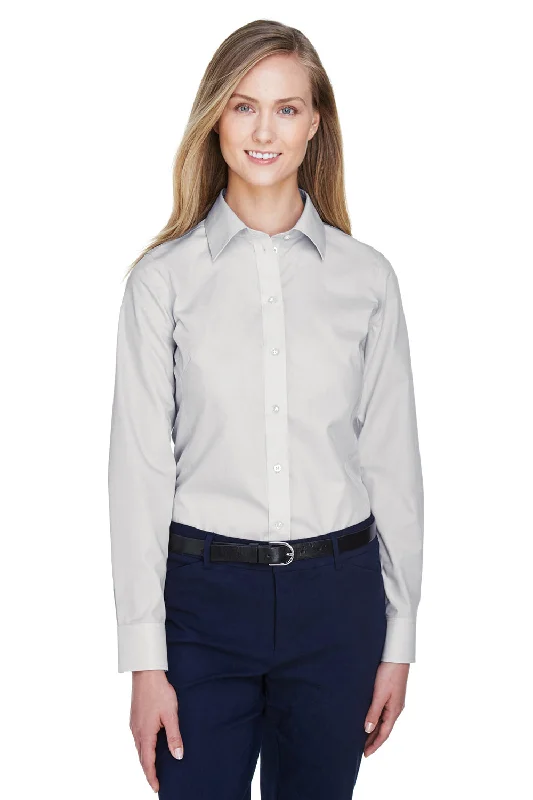 Devon & Jones Womens Crown Woven Collection Wrinkle Resistant Long Sleeve Button Down Shirt - Silver Grey Stylish Split-Hem Short Shirt