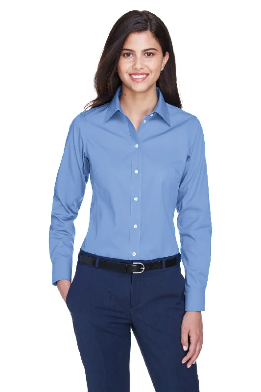 Devon & Jones Womens Crown Woven Collection Wrinkle Resistant Long Sleeve Button Down Shirt - Light Blue Relaxed Fit Short Blouse