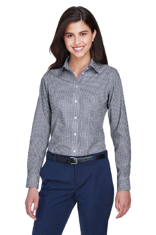 Devon & Jones Womens Crown Woven Collection Wrinkle Resistant Long Sleeve Button Down Shirt - Navy Blue Comfortable Short Sleeve Tee