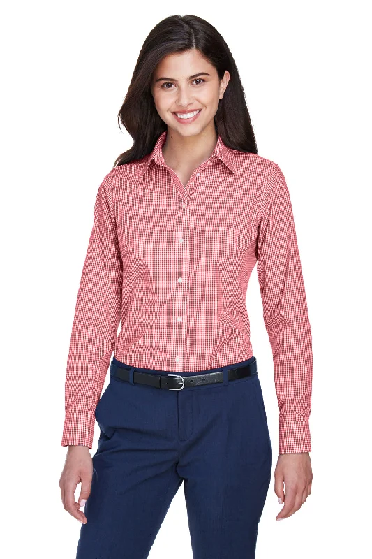 Devon & Jones Womens Crown Woven Collection Wrinkle Resistant Long Sleeve Button Down Shirt - Red Comfortable Ribbed Short Sleeve