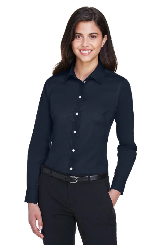 Devon & Jones Womens Crown Woven Collection Wrinkle Resistant Long Sleeve Button Down Shirt - Navy Blue Cozy Knit Short Sleeve Top