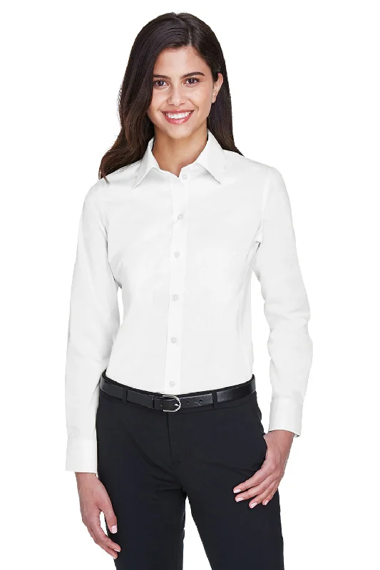 Devon & Jones Womens Crown Woven Collection Wrinkle Resistant Long Sleeve Button Down Shirt - White Comfortable Ribbed Short Sleeve