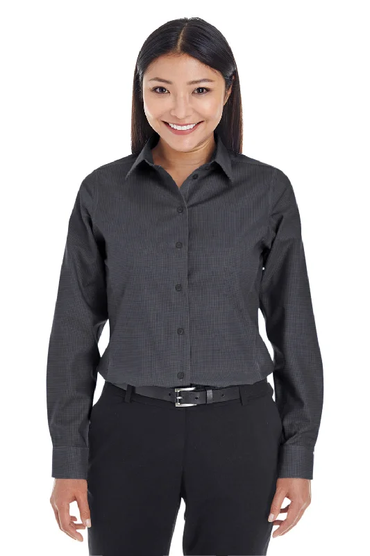 Devon & Jones Womens Crown Woven Collection Wrinkle Resistant Long Sleeve Button Down Shirt - Black Comfortable Peplum Short Shirt