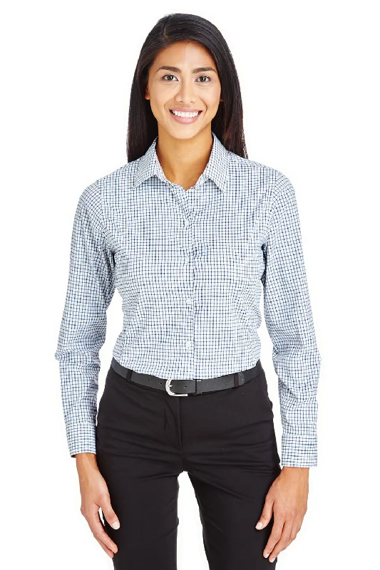 Devon & Jones Womens CrownLux Performance Moisture Wicking Long Sleeve Button Down Shirt - Navy Blue/White Comfortable Pocket Short Shirt