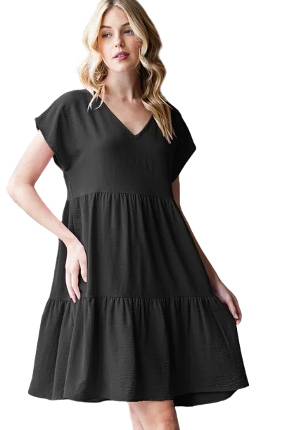 Dolman Short Sleeve V Neck Solid Tiered Mini Dress Black - Pack of 6 Elegant Mini Dress with Pleats