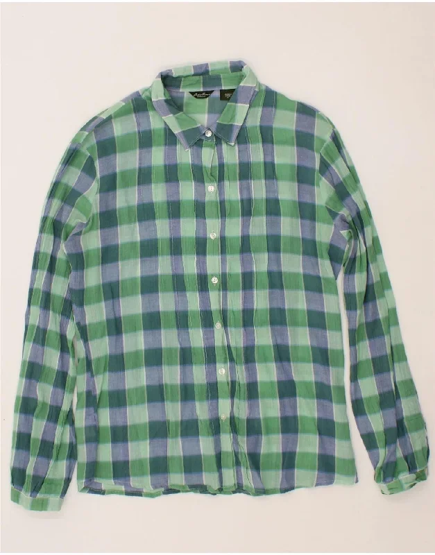 EDDIE BAUER Womens Shirt Blouse UK 14 Medium Green Gingham Cotton Trendy Tie-Front Short Shirt